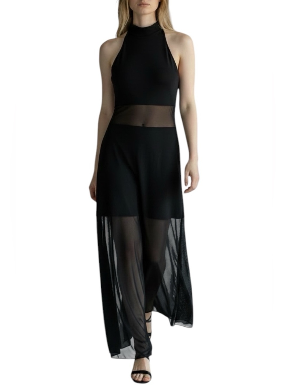 Vintage 1980’s Tadashi Shoji High Neck Sheer Panel Midi Dress X-Small